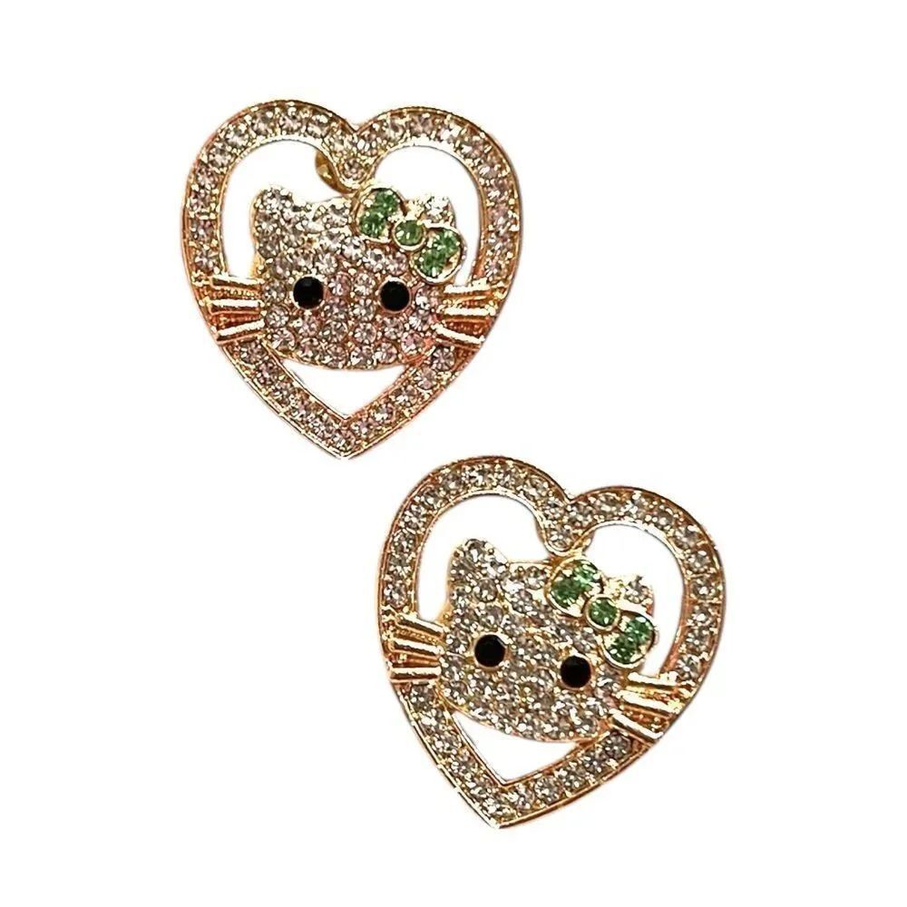 Hello Kitty Crystal Heart Green Bow Gold Stud Earrings